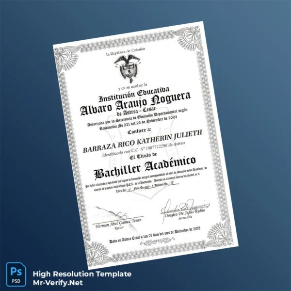 Colombia Institución Educativa Álvaro Araujo Noguera High School Diploma – Fully Editable High Resolution